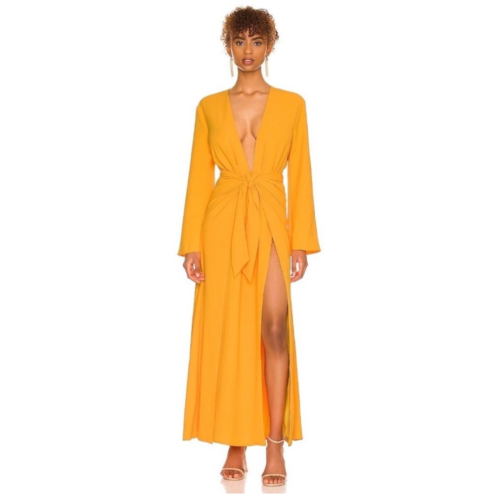 Camila Coelho Millie Plunge V Neck Maxi Dress Gown Long Sleeve Wrap Mango XSmall